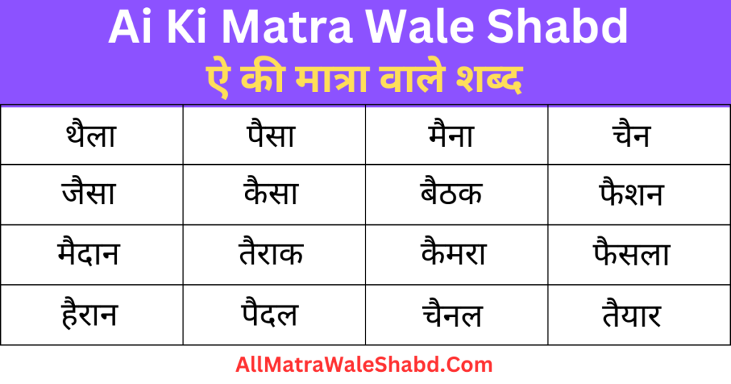 500+ ऐ की मात्रा वाले शब्द और वाक्य | Ai Ki Matra Wale Shabd