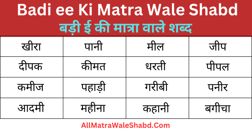 500+ Badi ee ki matra wale shabd | बड़ी ई की मात्रा वाले शब्द