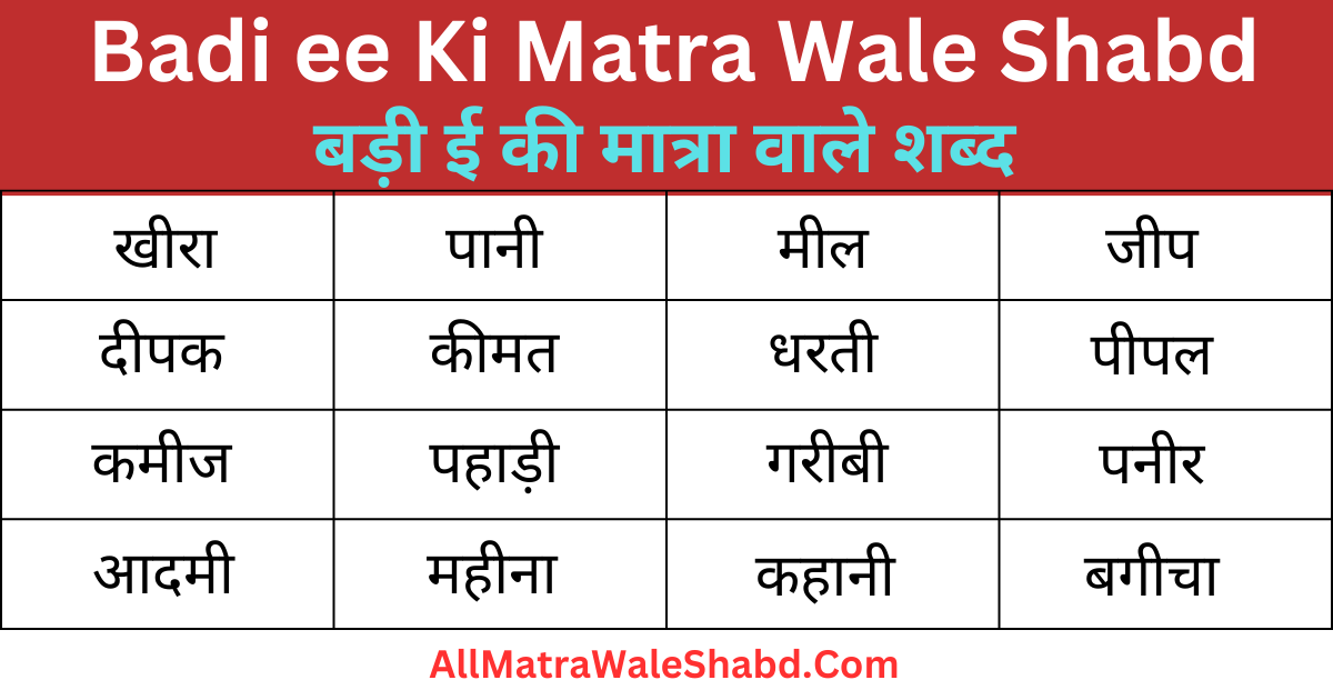 500+ Badi ee Ki Matra Wale Shabd | बड़ी ई की मात्रा वाले शब्द